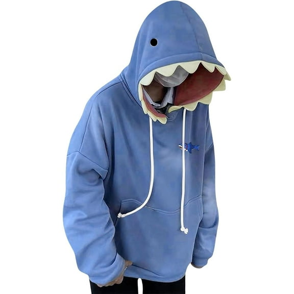 prcolt Men's Cute Shark Hoodies Long Sleeve Drawstring Blue Animal Shark Shape Hooded Pullover Sweatshirts with Pockets