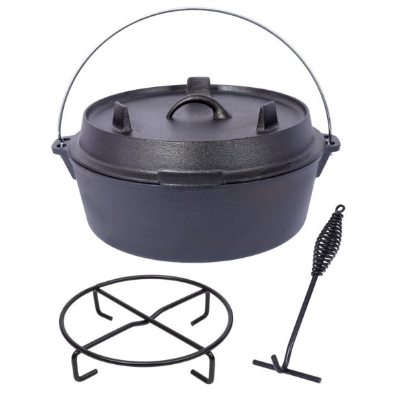 pre-Seasoned Cast Iron Dutch Oven With Skillet Lid, Outdoor Camping Deep Pot for Camping Fireplace Cooking BBQ Baking Campfire, Leg Base, 12 Quart