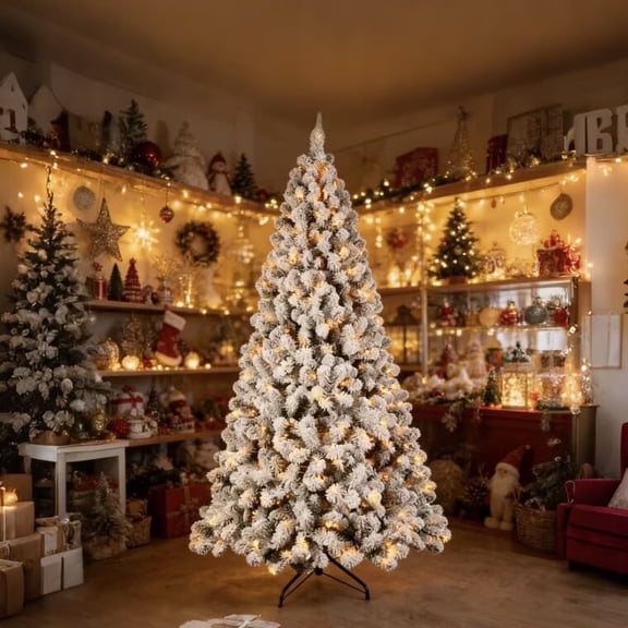 prelit 9ft flocked Green+White Christmas Tree – Lifelike Full-Bodied Festive Centerpiece& Warm Yellow LED Lights(memory wire)