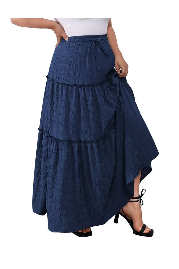 Women Plus size Skirts Elastic High Waist A Line Ruffle Swing Beach Maxi Skirt Long Skirt Tiered Skirt L-4x
