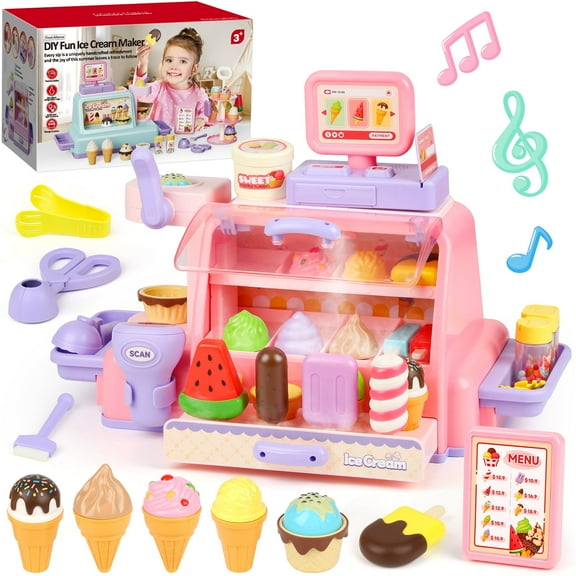 Hot Bee Ice Cream Pretend Play Set, 40PCS Ice Cream Maker & Selling Toy with Cash Register Sounds, DIY Dessert Role Play Toy Gift for Girls Kids