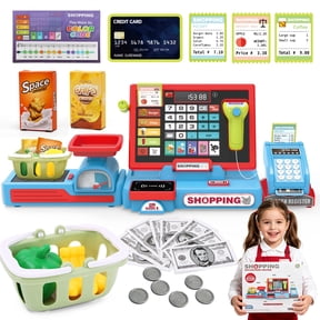 Cash Register Toy for Kids, Pretend Learning Play Set with Sound Music /Scanner /Microphone /Credit Card /Play Money