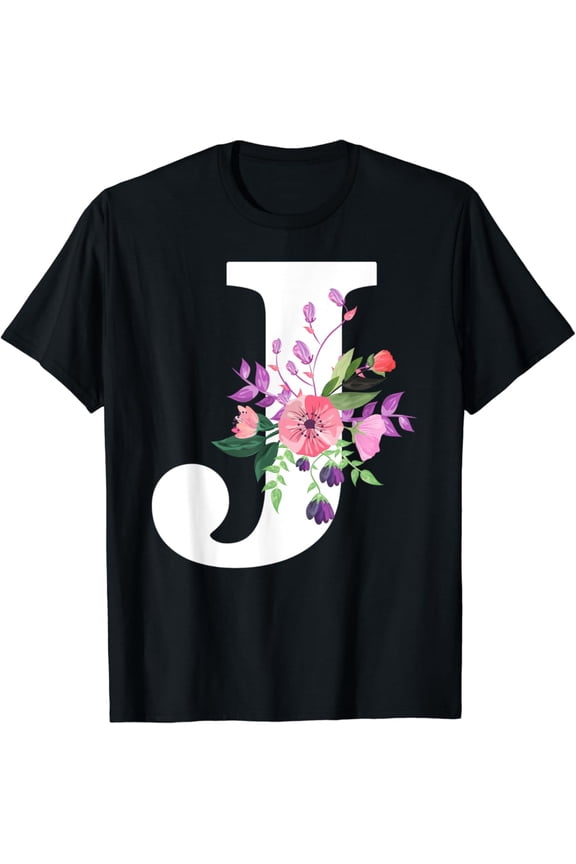 pretty roses floral monogram white letter J cute pink flower T-Shirt, F857 Tshirt All Size S-5XL