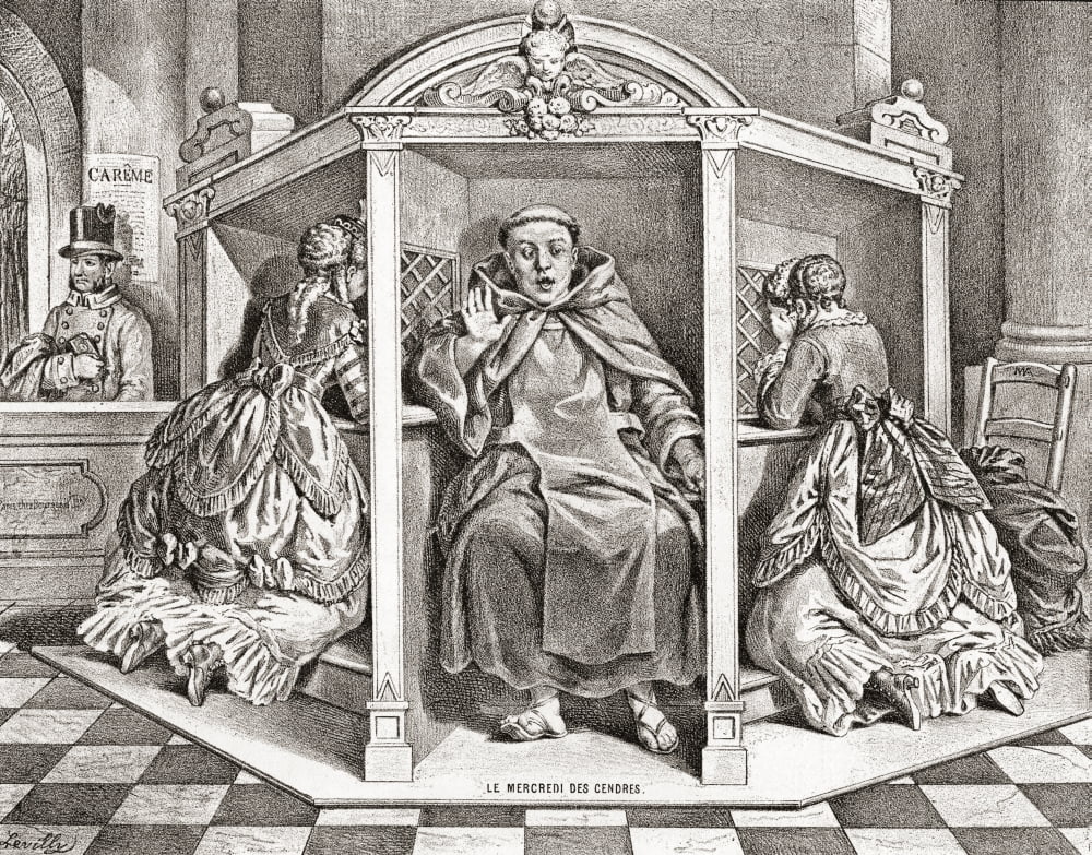 A priest listens to confession on Ash Wednesday From Illustrierte Sittengeschichte vom Mittelalter bis zur Gegenwart by Eduard Fuchs published 1909 Canvas Art - Ken Welsh Design Pics (30 x 24)