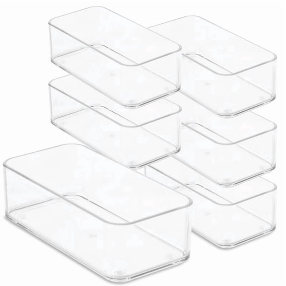 primebox Plastic Clear Drawer Organizers. Bathroom, Kitchen, Bedroom, Nail Polish, Office Organizer Bins, Storage Trays. Heavy Duty, Stackable. 6" x 3" x 2" Set of 6