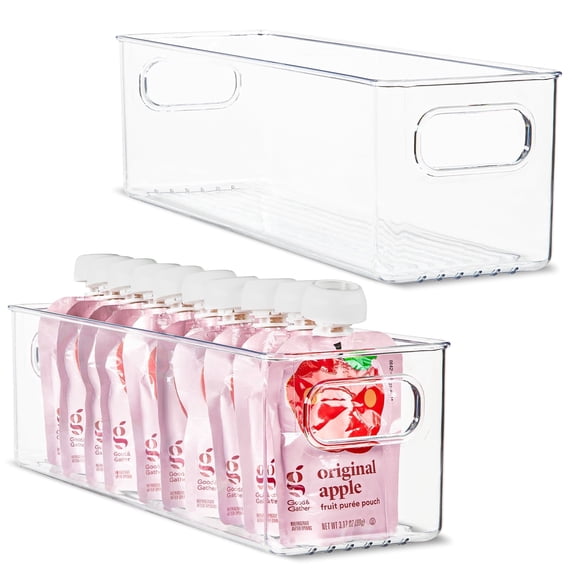 primebox Plastic Food Storage 2 Pack Clear Container Bin with Handles for Organizing Kitchen, Pantry, Refrigerator, Freezer, Pantry, Cabinet, Closet, Bathroom. 14”x4”x5”