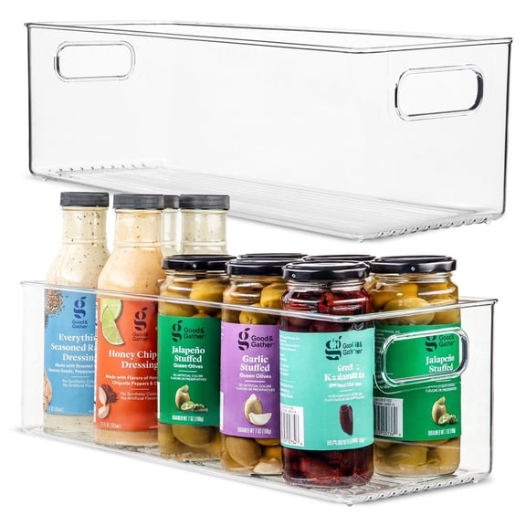 primebox Plastic Food Storage 2 Pack Clear Container Bin with Handles for Organizing Kitchen, Pantry, Refrigerator, Freezer, Pantry, Cabinet, Closet, Bathroom. 16”x6”x5”