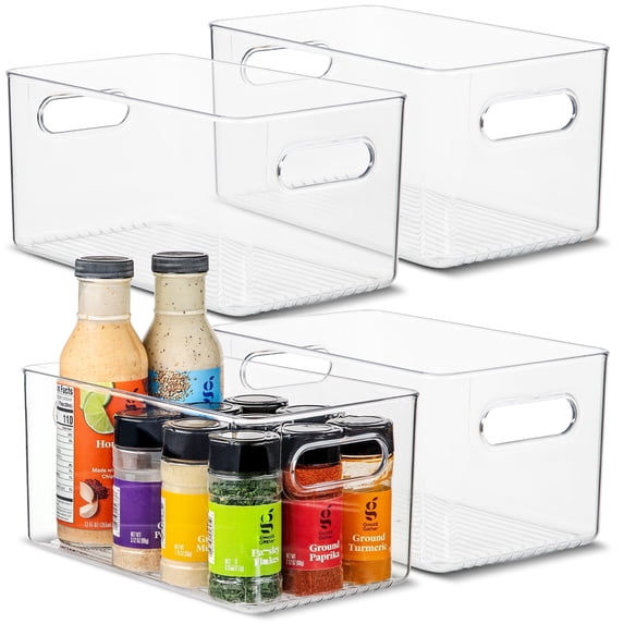 primebox Plastic Food Storage 4 Pack Clear Container Bin with Handles for Organizing Kitchen, Pantry, Refrigerator, Freezer, Pantry, Cabinet, Closet, Bathroom. 10”x6”x5”