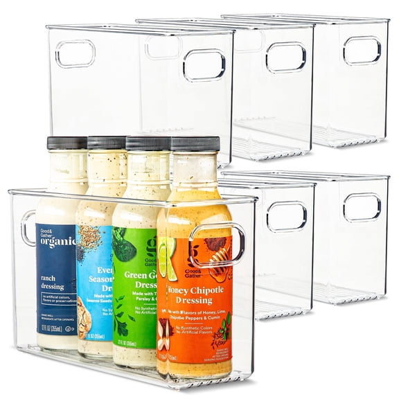 primebox Plastic Food Storage 6 Pack Clear Container Bin with Handles for Organizing Kitchen, Pantry, Refrigerator, Freezer, Pantry, Cabinet, Closet, Bathroom. 10”x4”x6”