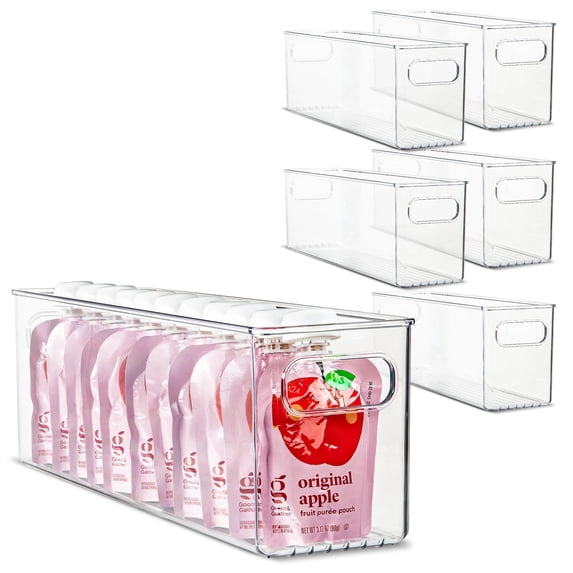 primebox Plastic Food Storage 6 Pack Clear Container Bin with Handles for Organizing Kitchen, Pantry, Refrigerator, Freezer, Pantry, Cabinet, Closet, Bathroom. 16”x4”x5”