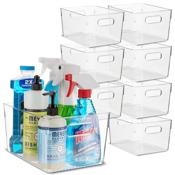 primebox Plastic Food Storage 8 Pack Clear Container Bin with Handles for Organizing Kitchen, Pantry, Refrigerator, Freezer, Pantry, Cabinet, Closet, Bathroom 10”x7.5”x5.3”