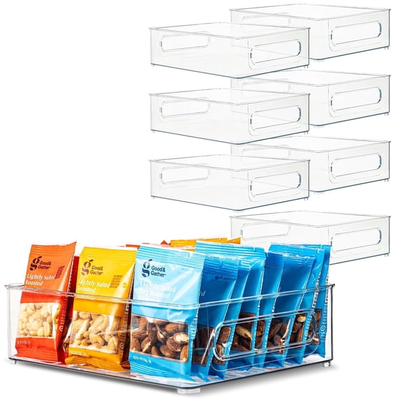 primebox Plastic Food Storage 8 Pack Clear Container Bin with Handles for Organizing Kitchen, Pantry, Refrigerator, Freezer, Pantry, Cabinet, Closet, Bathroom. 10”x8”x3”