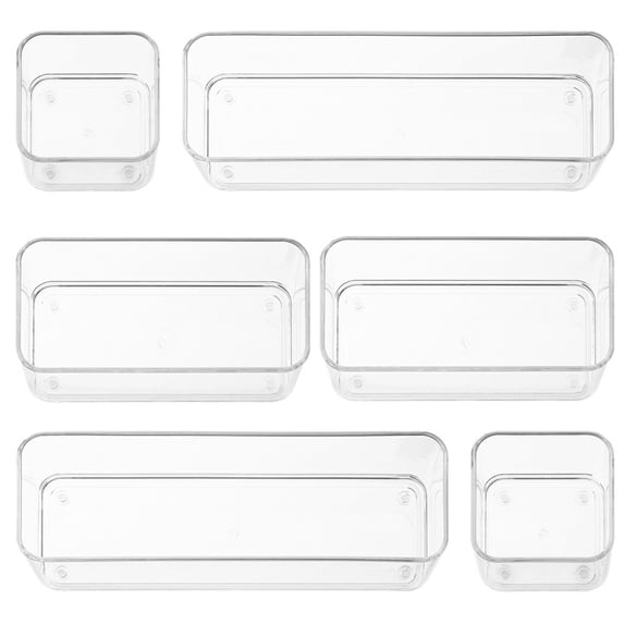 primebox Six Pieces. Plastic Clear Drawer Organizers for Bathroom, Kitchen, Bedroom, Office. Organizer Bins, Storage Trays. Heavy Duty, Stackable, Non-Slip. 3 Sizes