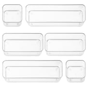 primebox Six Pieces. Plastic Clear Drawer Organizers for Bathroom, Kitchen, Bedroom, Office. Organizer Bins, Storage Trays. Heavy Duty, Stackable, Non-Slip. 3 Sizes
