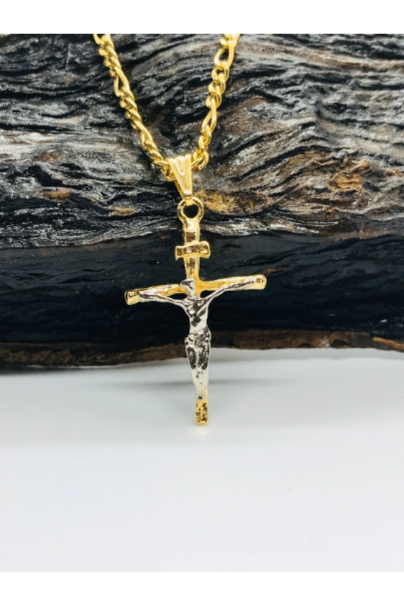 primejewelry269 Figaro Link Cross Necklace for Men & Women, Gold Filled Crucifix, 33x18mm