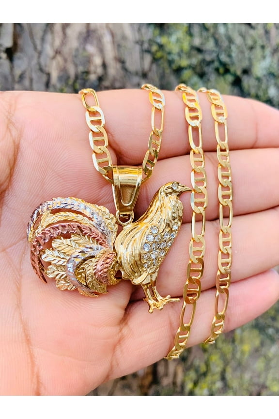 Rooster Chicken Pendant Necklace, Cubic Zirconia, 14K Gold Filled, 24" Figaro Chain