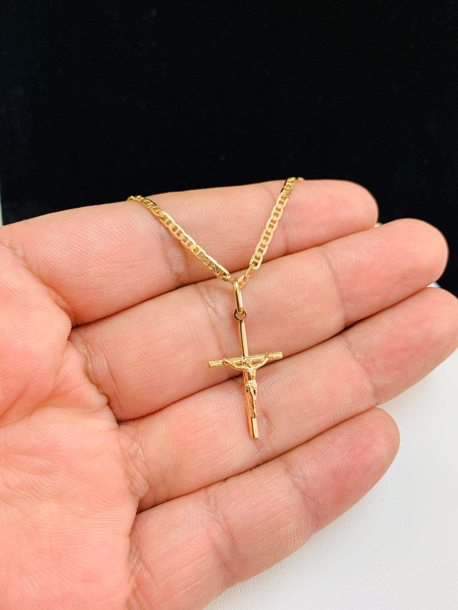 primejewelry269 Tube Cross Necklace for Women, Gold Filled, Dainty Cross with Mariner Chain, 24x14mm
