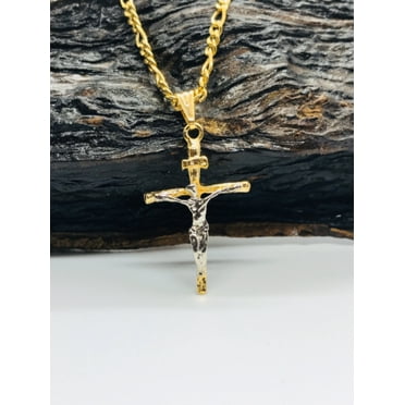 primejewelry269 Two Tone Rustic Cross Necklace, 33x18mm, 14K Gold Filled, 20" Figaro Chain