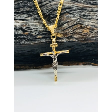 primejewelry269 Two Tone Rustic Cross Necklace, 33x18mm, 14K Gold Filled, 20" Figaro Chain