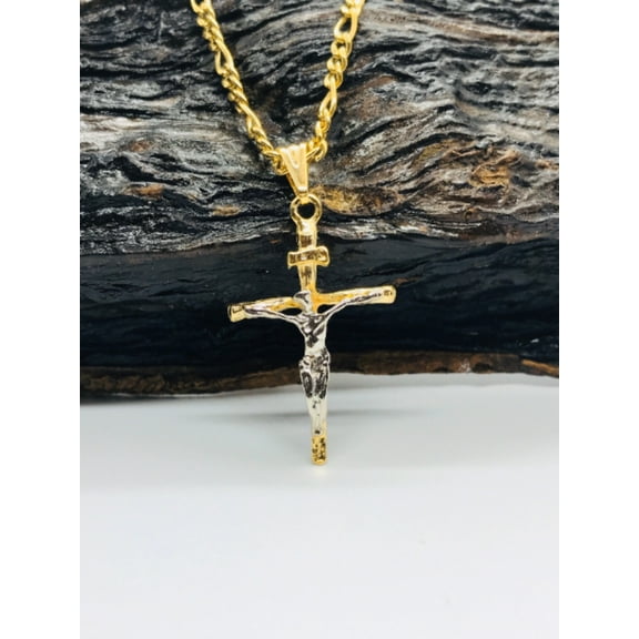 primejewelry269 Two Tone Rustic Cross Necklace, 33x18mm, 14K Gold Filled, 20" Figaro Chain