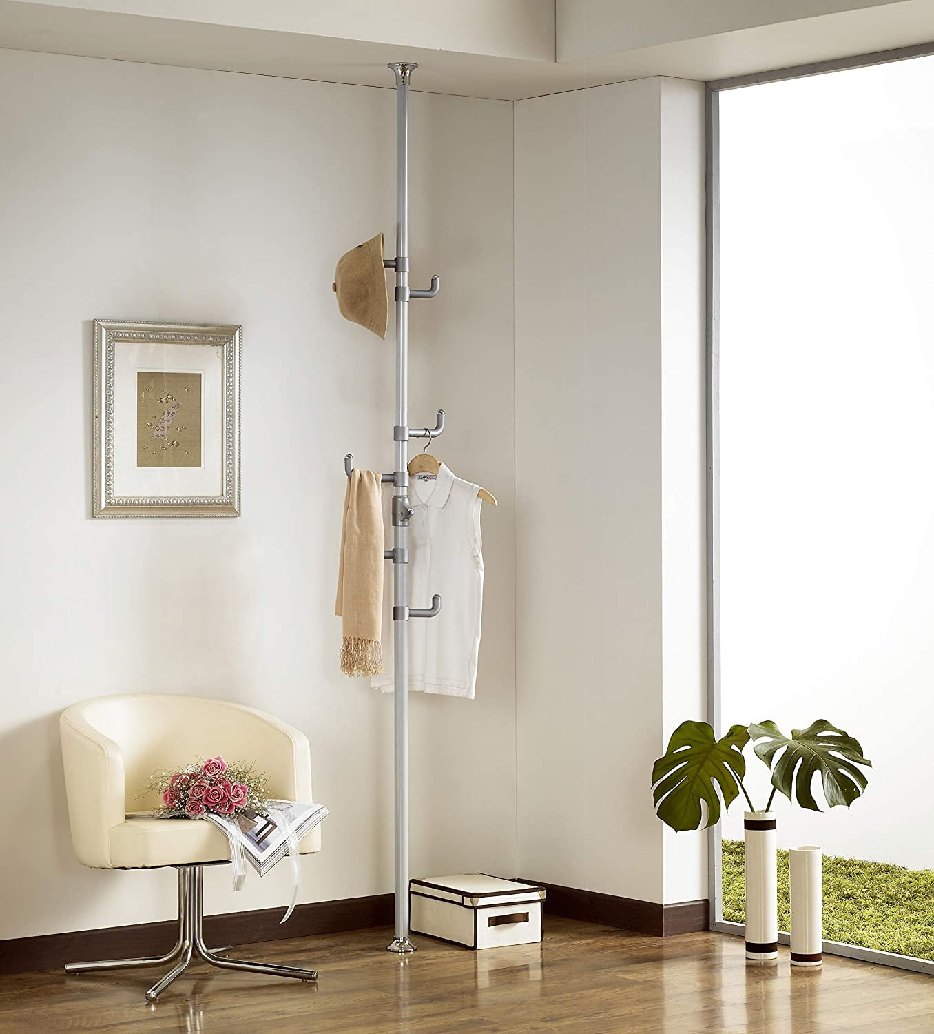 Silver Adjustable Metal Freestanding Coat Rack with Hooks
