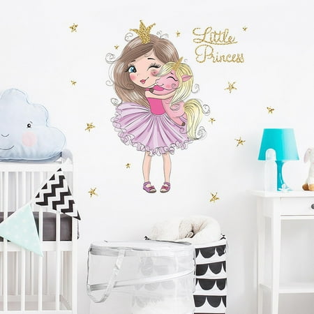 princess and little unicorn girl cute dreamy bedroom living room wall stickers