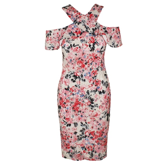 printed cold-shoulder lace ruffle dress