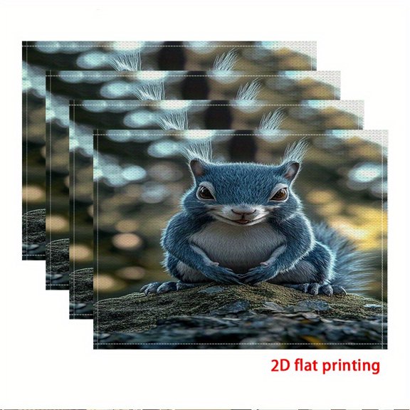 printing, 4pcs Placemat, Blue Squirrel's Big Eyes and Whiskers on Mossy Rock, Table decorations and home decor table mats, 2D Flat, Dining Table Decor, Animal Print Design