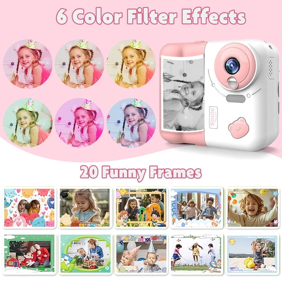 printing camera, 1080P HD children's camera, equipped with 32GB memory card and 4 rolls of photo paper, suitable gift for boys and girls aged 4-12 - pink