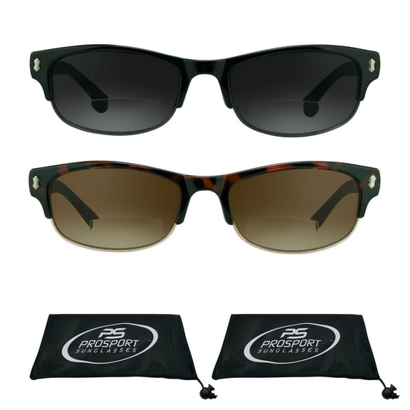 proSPORT 2 Pairs Bifocal Reading Sunglasses for Men and Women. Half Rim with Stud Frames.
