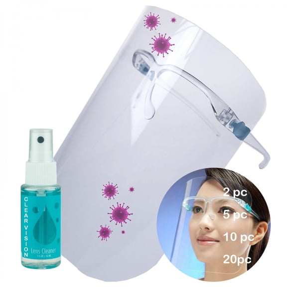 proSPORT 20 Pack Safety Protective Face Shield Medical with Glasses, Reusable, Protective Shield, Anti-Saliva, Dustproof, Full Face Eye & Mouth Cover Protection with 2 Cleaner Bottles - Ships From USA