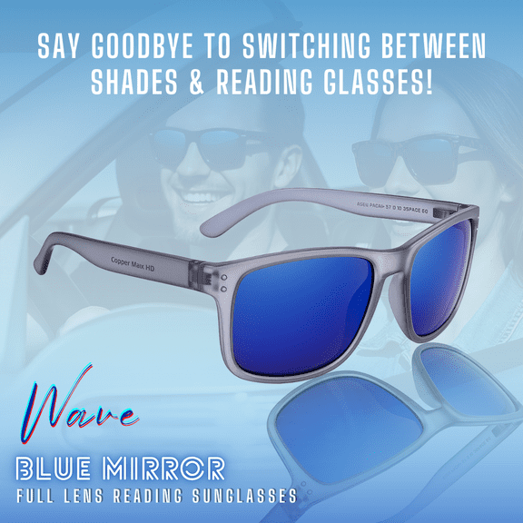 proSPORT Reading Sunglass Full Sun Readers. Horn Rim Grey Frame with Blue Mirrored Lenses for Men and Women