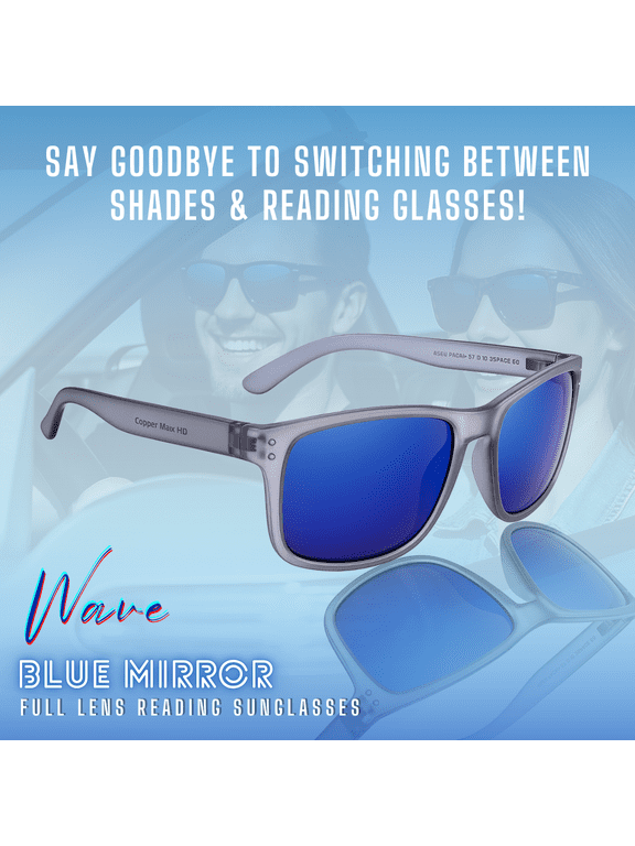 proSPORT Reading Sunglass Full Sun Readers. Horn Rim Grey Frame with Blue Mirrored Lenses for Men and Women