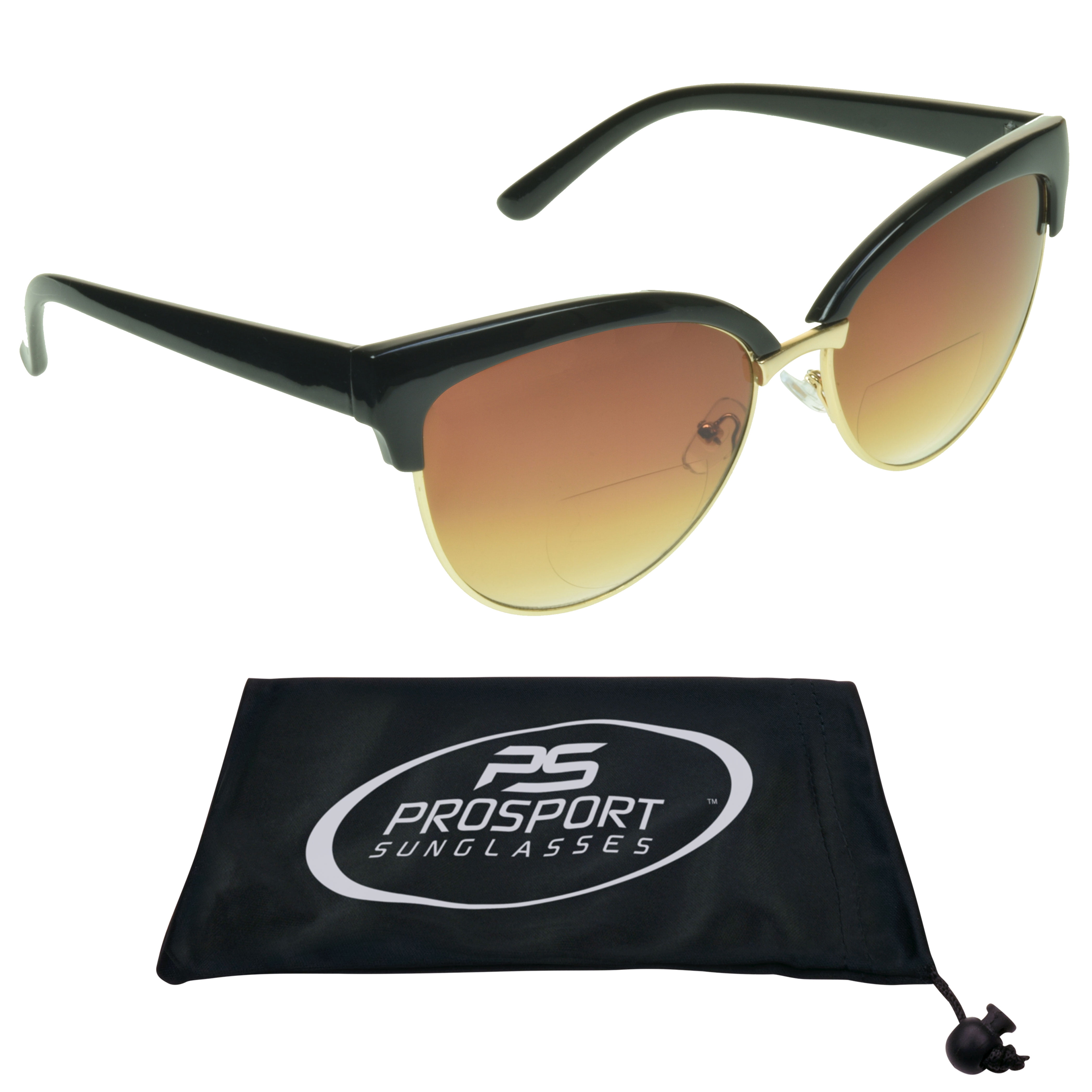 proSPORT Women Bifocal Reading Cateye Fashion Horn Rim Sunglasses Black Gold Frame Brown Lens +1.50