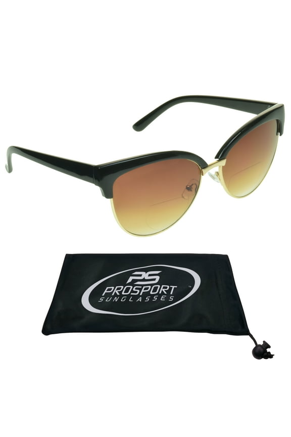 proSPORT Women Bifocal Reading Cateye Fashion Horn Rim Sunglasses Black Gold Frame Brown Lens +3.00