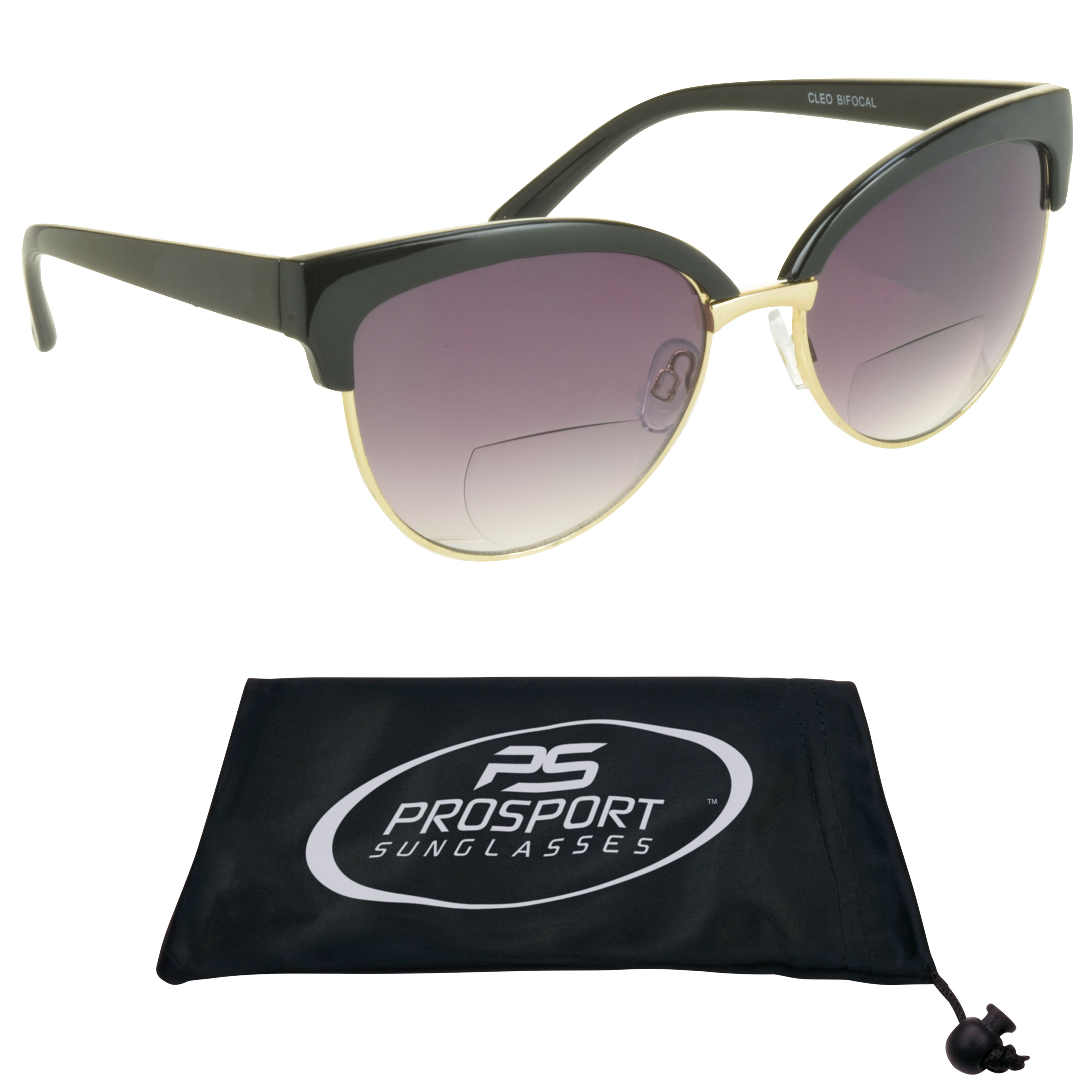 proSPORT Women Bifocal Reading Cateye Fashion Horn Rim Sunglasses Black Gold Frame Smoke Lens +1.25