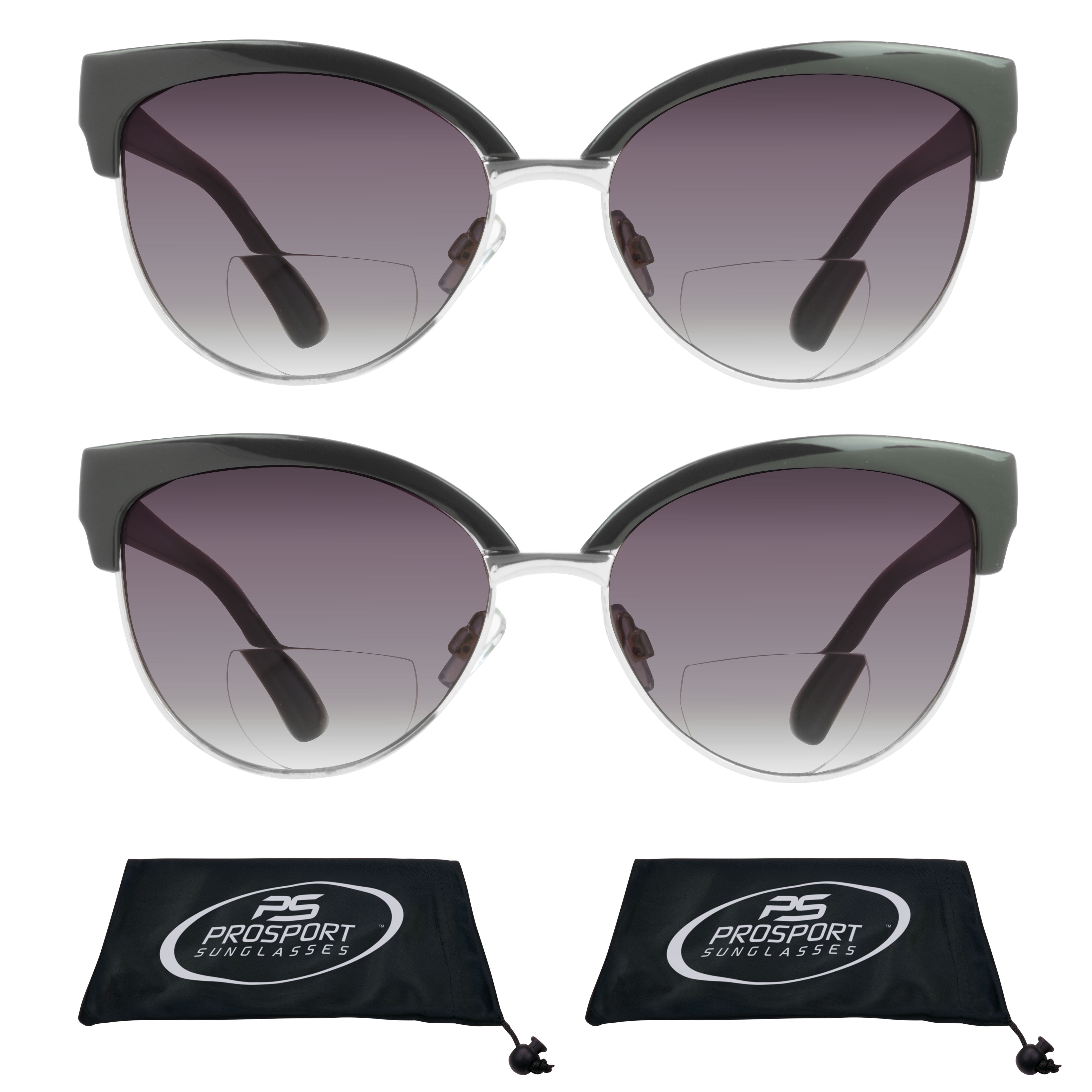 proSPORT Women Bifocal Reading Cateye Fashion Horn Rim Sunglasses Black Gold Frame Smoke Lens +1.75