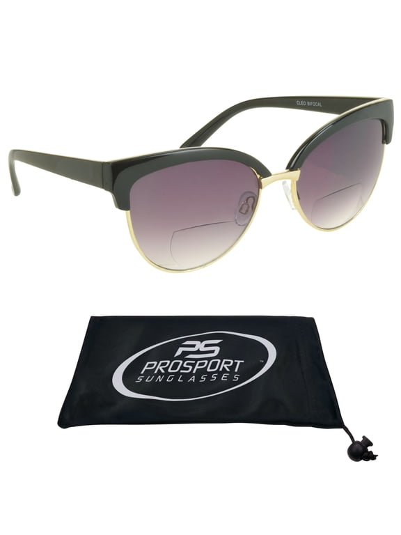proSPORT Women Bifocal Reading Cateye Fashion Horn Rim Sunglasses Black Gold Frame Smoke Lens +2.50