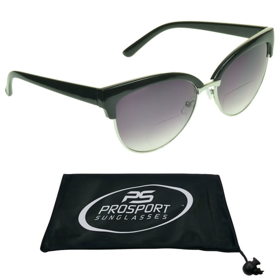 proSPORT Women Bifocal Reading Cateye Fashion Horn Rim Sunglasses Black Silver Frame Smoke Lens +2.00