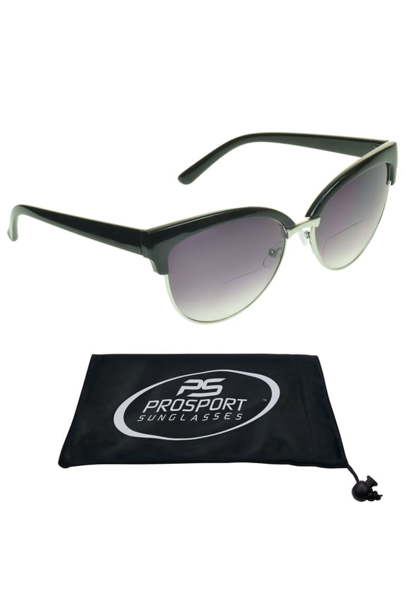 proSPORT Women Bifocal Reading Cateye Fashion Horn Rim Sunglasses Black Silver Frame Smoke Lens +2.25