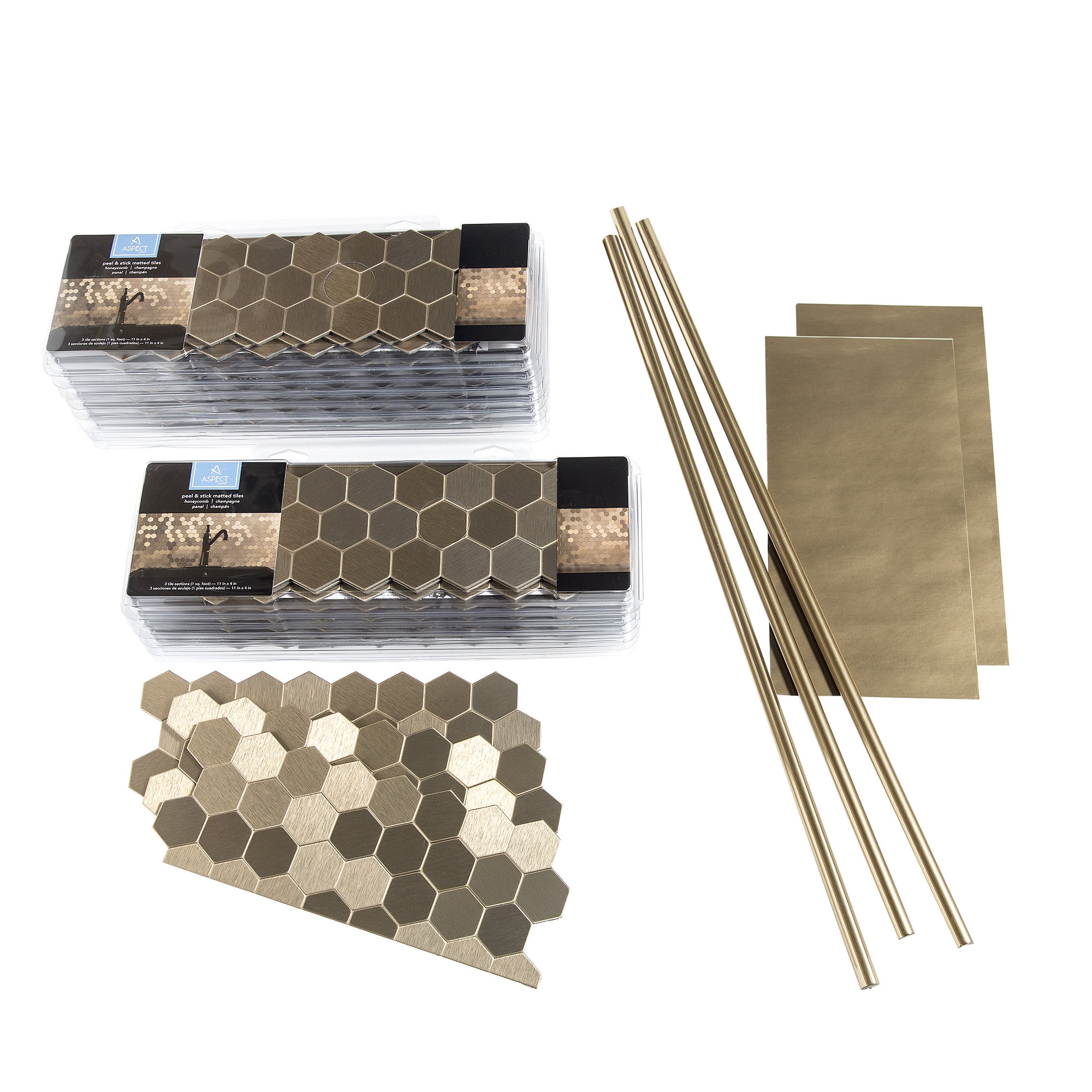 Champagne Honeycomb Peel and Stick Metal Wall Tile Kit