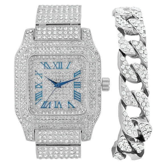 product image Bling-ed Out Biggie Square Iced Gold Hip Hop Watch You Will Hypnotize in a Flashy Way - 0513Sq (Silver Blue R# Cuban)