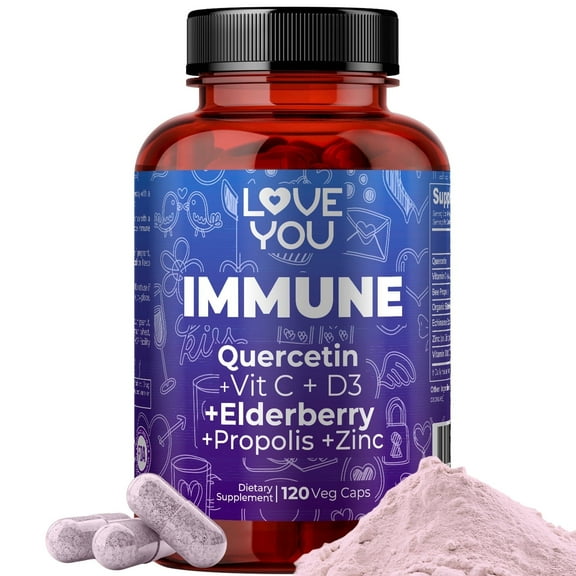 Love You Immune Organic Elderberry, Quercetin, Propolis, Echinacea, Zinc, Vitamin C & D3 - 120 Veggie Caps, 60 Servings