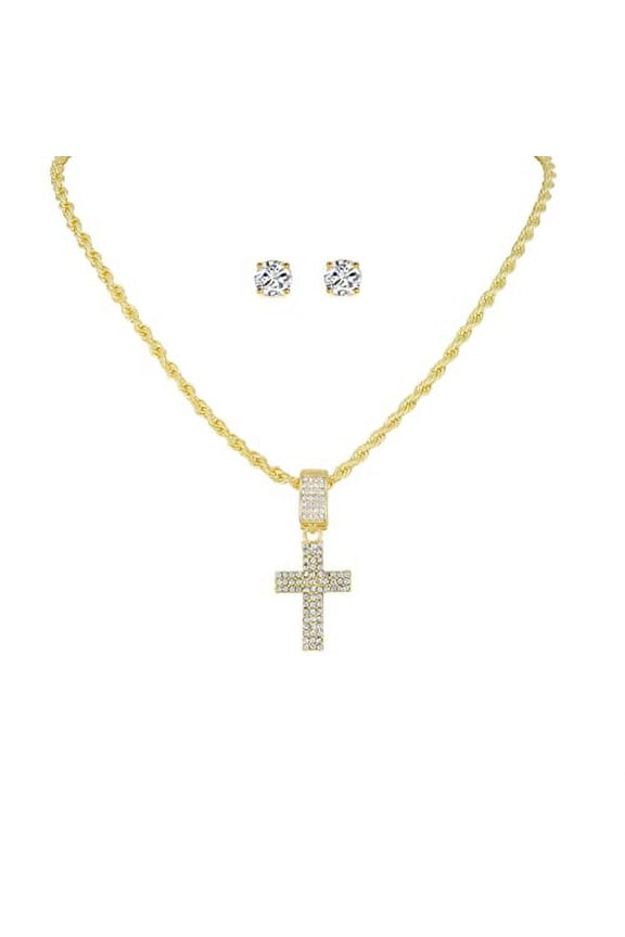 product image Slay Queen w/ Ladies on Fire Hip Hop Jewelry Necklace, Pendant, and Earrings Bling Set - TPBE-01 (18, Rope Chain Gld Stone Cross)