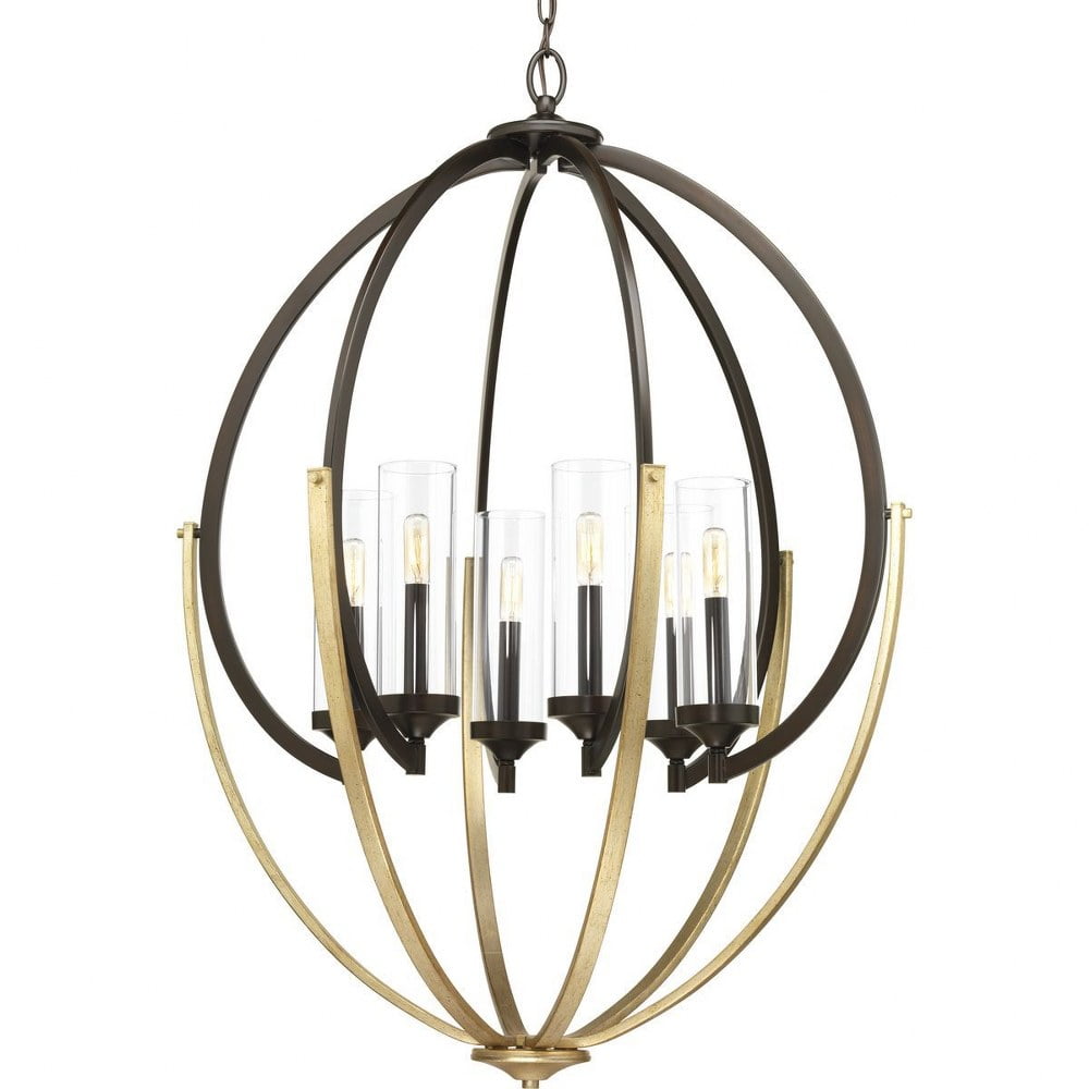 Antique Bronze Elliptical Cage 6-Light Chandelier with Glass Shades