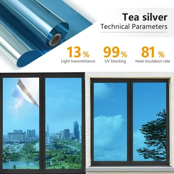 proprodiudiu Window Privacy Film Heat Control, Static Cling Window Tint Sun Blocking Heat UV,Reflective Window Film for Home,Office, Shop Windows (Blue Silver, 23.6''X118'')