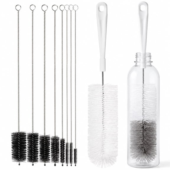 propuri 10 Pack Bottle Cleaner Set, 15" Flexible Long Handle Brush for Narrow Neck Beer Wine, Includes 8 Straws, Abrasive Spiral Cleaner, White Grey