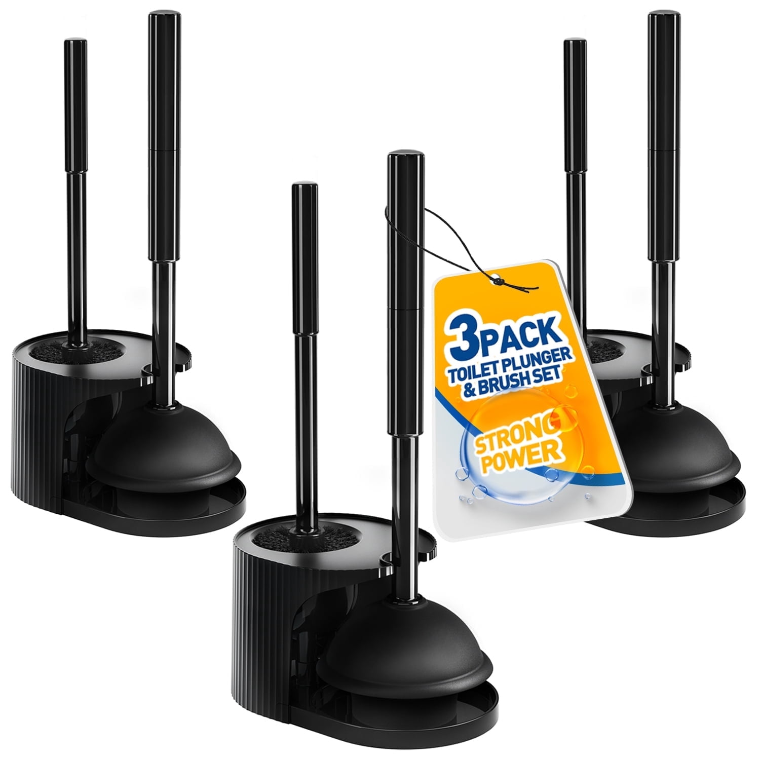propuri 2 in 1 Toilet Plunger and Brush Set，Extended Handle Plunger,Bathroom Cleaning Tools , 3PACK Black