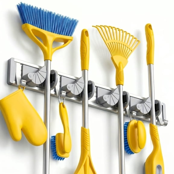 Propuri Mop Broom Holder Wall Mount, Metal Organizer with 4 Positions and 4 Hooks for Kitchen Garage Garden, Silver
