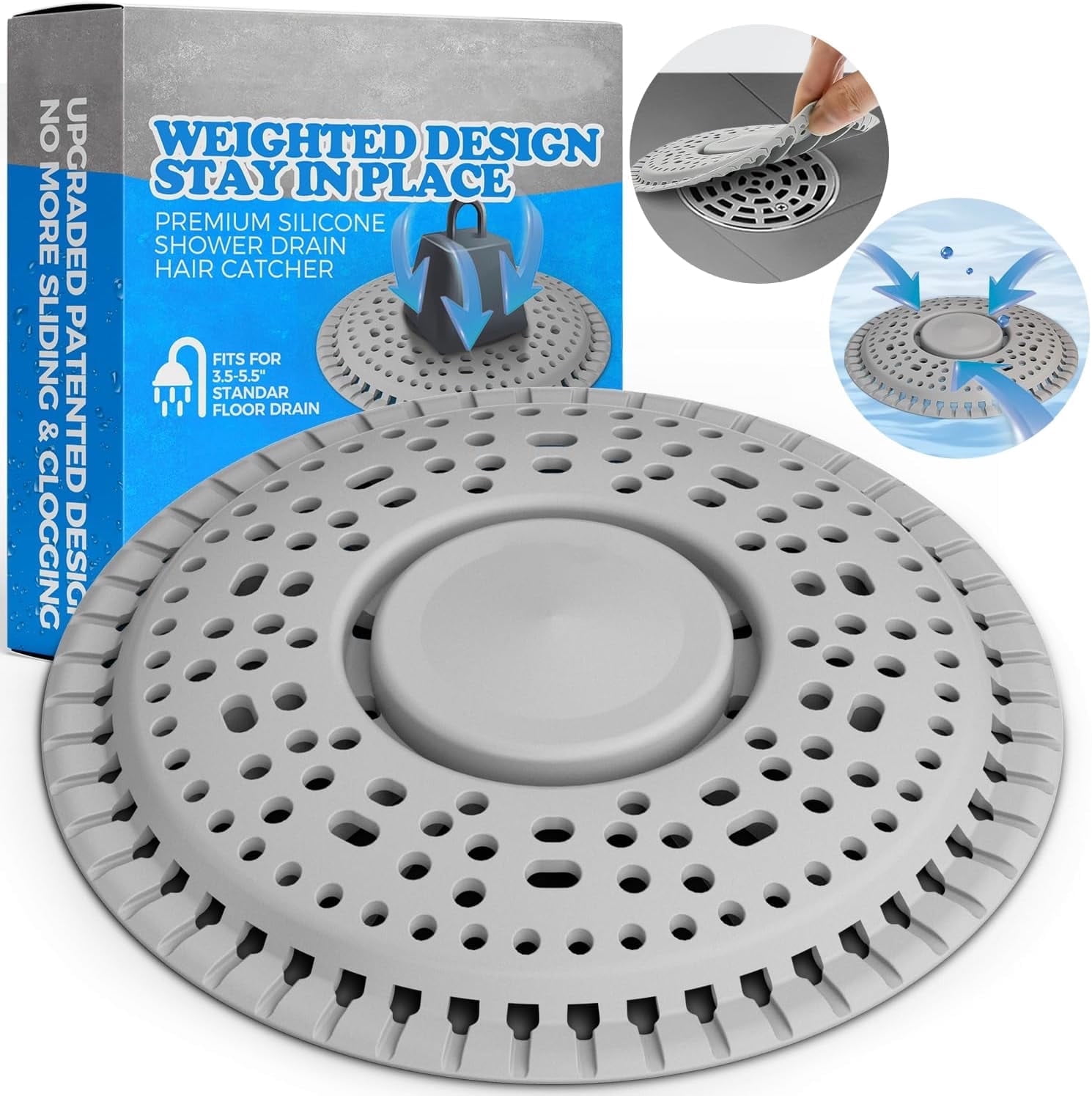 propuri Shower Drain Hair Catcher, Premium Silicone Drain & Shower Drain Cover for of Shower Room, Bathroom, Sink, Gray